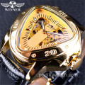 Vencedor da marca de luxo Steampunk Fashion Triangle Golden Skeleton Movement Mysterious Men Relógio de pulso mecânico automático